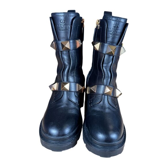 Valentino Garavani Roman Stud Black Ankle Lug Sole Combat Boots Size EU 37.5 - Picture 2 of 14